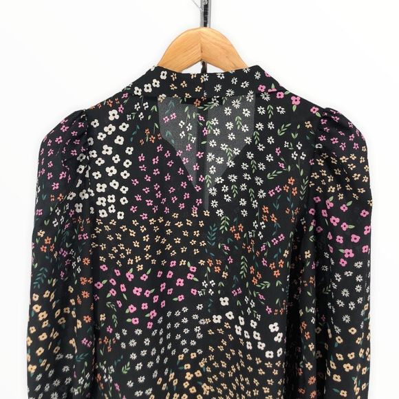 Never Fully Dressed Black Meadow Floral Tie Neck Long Sleeve Cinched Cuff Top 2 - Picture 7 of 12